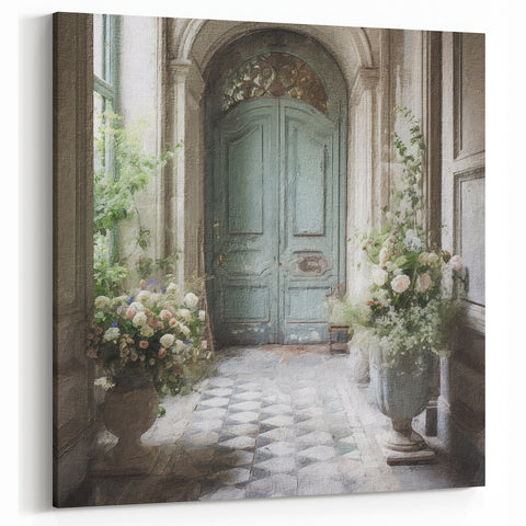 Elegant Blue French Door Canvas - Vintage Parisian Interior Wall Art