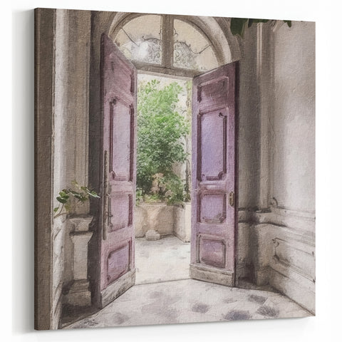 Open Lavender French Door Canvas - Vintage Parisian Courtyard Art