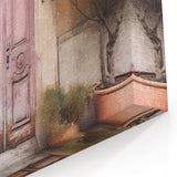 Antique Pink Door Art Print - Parisian Courtyard Floral Canvas Decor