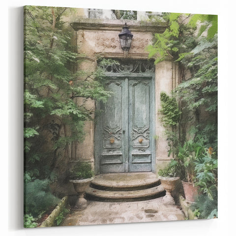 Moss Green French Door Print - Vintage European Courtyard Wall Art