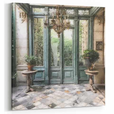Chateau Green Door Canvas Art - Parisian Conservatory Wall Decor