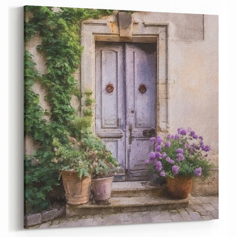 Lavender Door Canvas Print - Rustic French Courtyard Wall Art
