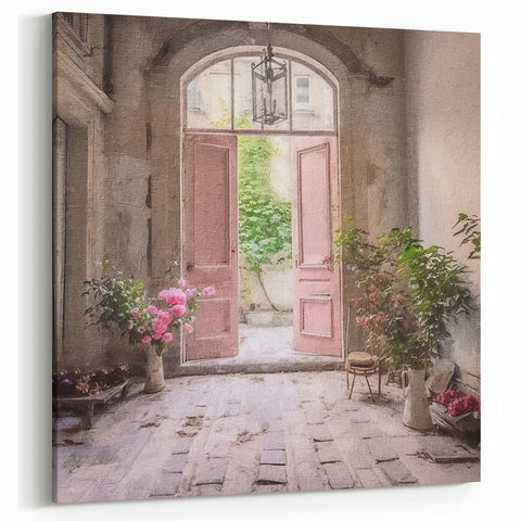 Open Blush Door Canvas Art - Parisian Courtyard Entryway Decor