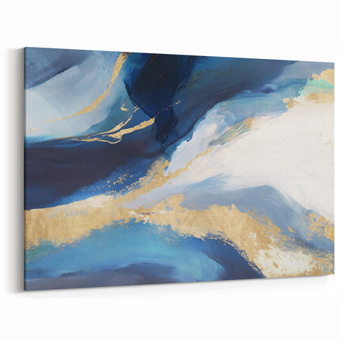 Ocean Wave Abstract Line Art - Navy Blue and Gold Fluid Canvas