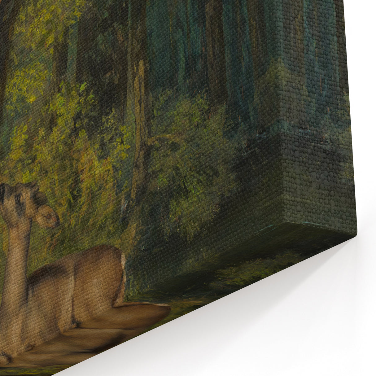 Peaceful Realism Art Print of Deer in a Dense, Lush Forest Landscape