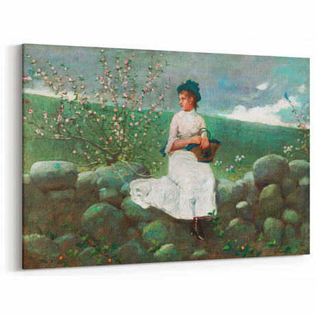 Charming Realism Art Print of Woman by Peach Blossoms in Pastoral Scene