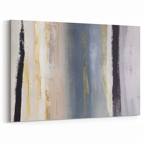 Vertical Lines Abstract Art - Muted Blue and Gold Strokes Canvas Print