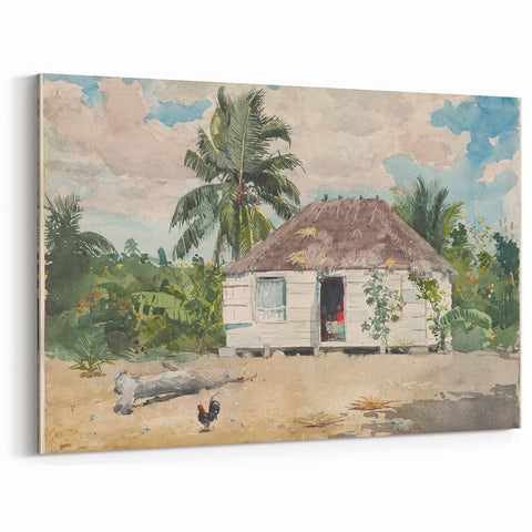 Native Hut at Nassau Realism Art Print - Tropical Landscape Canvas Decor