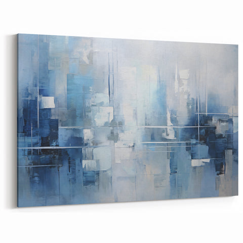 Modern Blue and White Abstract Art - Geometric Brush Strokes Canvas