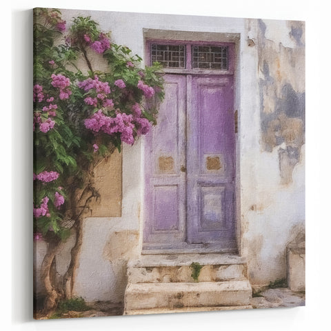 Santorini Door Print - Rustic Lilac Door with Blooming Lilac Flowers