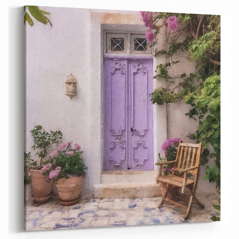 Mediterranean Door Print - Light Purple Door with Greek Patio Charm