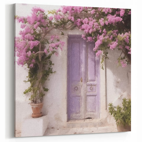 Cycladic Door Art - Lavender Greek Door with Pink Bougainvillea