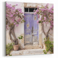 Aegean Door Painting - Blue Double Door with Blooming Pink Flowers