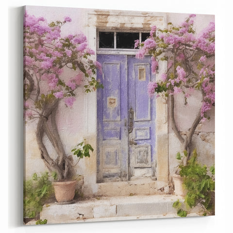 Aegean Door Painting - Blue Double Door with Blooming Pink Flowers