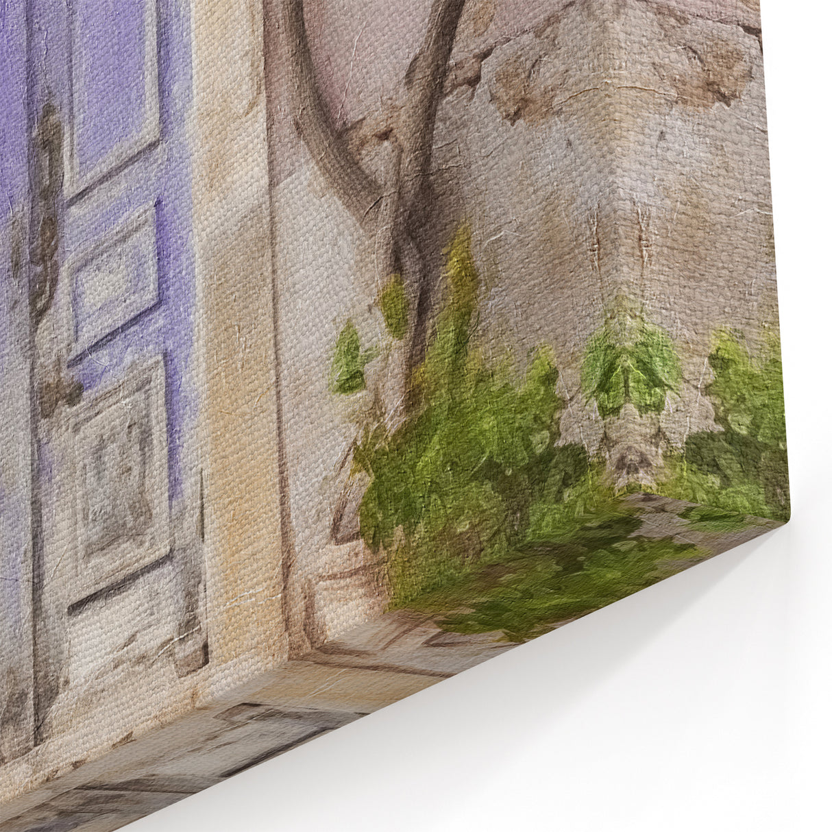 Aegean Door Painting - Blue Double Door with Blooming Pink Flowers