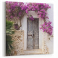 Rustic Greek Door Art - Weathered Gray Double Door with Purple Flowers