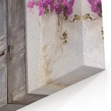 Rustic Greek Door Art - Weathered Gray Double Door with Purple Flowers