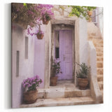 Traditional Greek Door Poster - Lavender Door with Stone Steps and Flowers