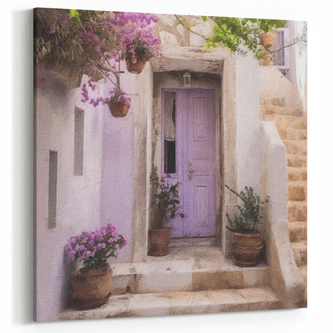 Traditional Greek Door Poster - Lavender Door with Stone Steps and Flowers