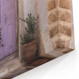 Traditional Greek Door Poster - Lavender Door with Stone Steps and Flowers