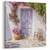 Blue Door Canvas Print - Greek Courtyard with Pink Flowers and Chair