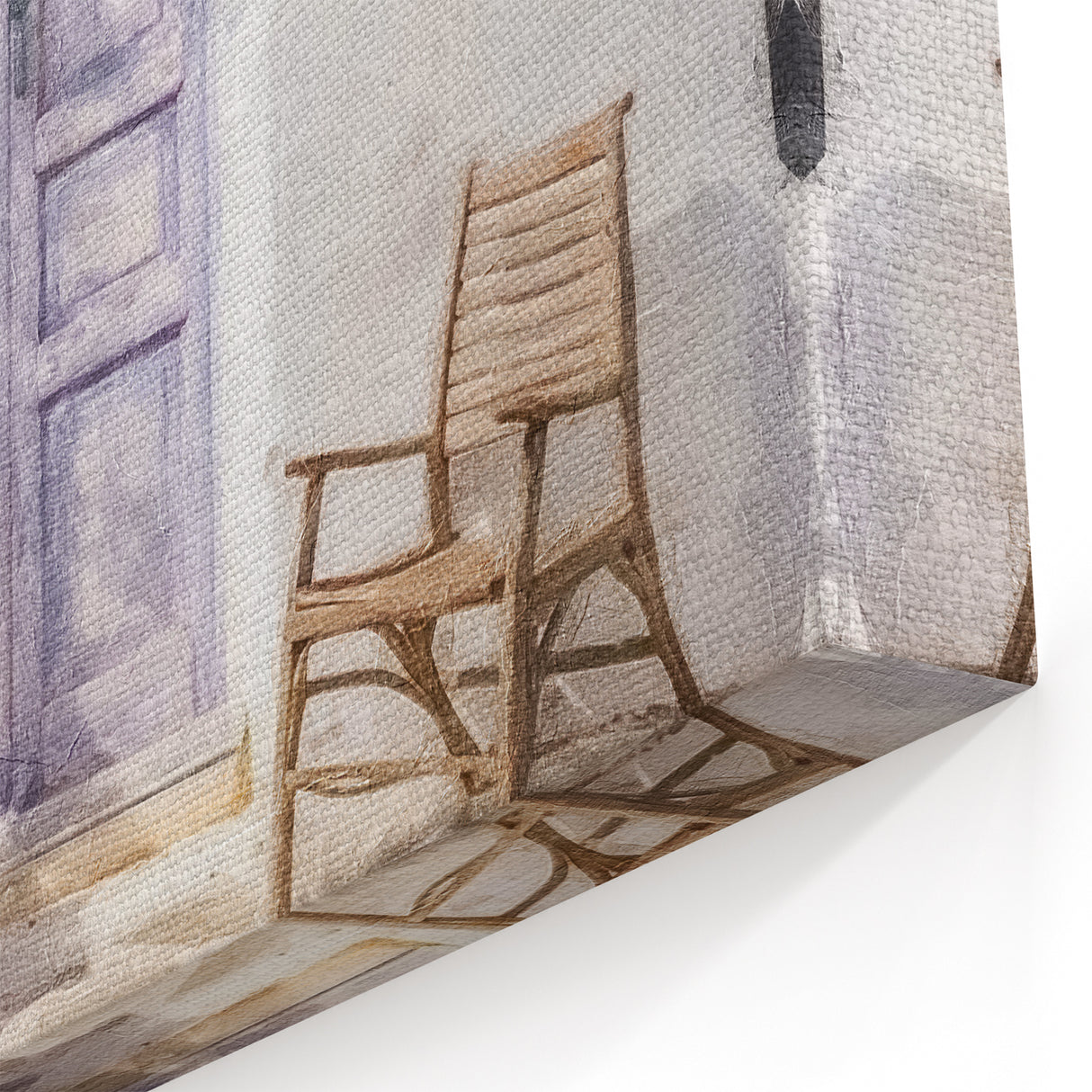 Blue Door Canvas Print - Greek Courtyard with Pink Flowers and Chair