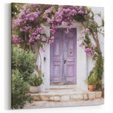 Lavender Door Wall Art - Greek Double Door with Pink Bougainvillea