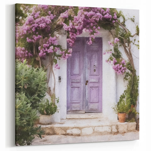 Lavender Door Wall Art - Greek Double Door with Pink Bougainvillea