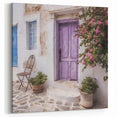 Pastel Greek Door Print - Lavender Door with Pink Flowers and Chair