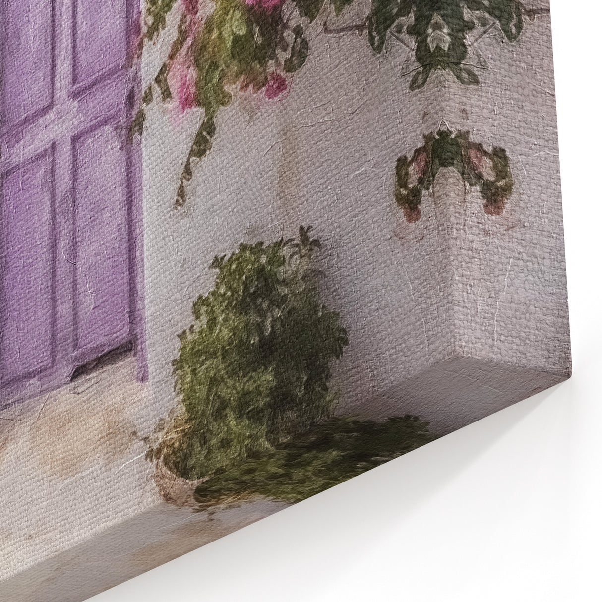 Pastel Greek Door Print - Lavender Door with Pink Flowers and Chair