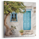 Turquoise Greek Door Print - Blue Door with Tree and Whitewashed Wall
