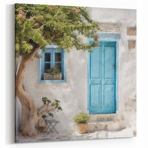 Turquoise Greek Door Print - Blue Door with Tree and Whitewashed Wall