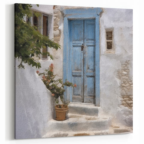 Rustic Blue Door Art - Weathered Greek Door with Whitewashed Wall