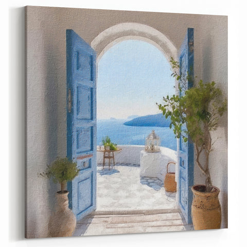 Santorini Open Door Art - Blue Door with Aegean Sea View and Terrace