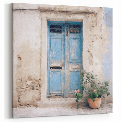 Vintage Blue Door Print - Weathered Greek Door with Pink Flowers