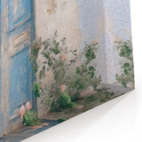 Vintage Blue Door Print - Weathered Greek Door with Pink Flowers