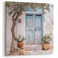 Rustic Blue Double Door Art - Greek Village Scene with Terracotta Pots
