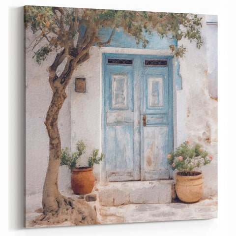 Rustic Blue Double Door Art - Greek Village Scene with Terracotta Pots