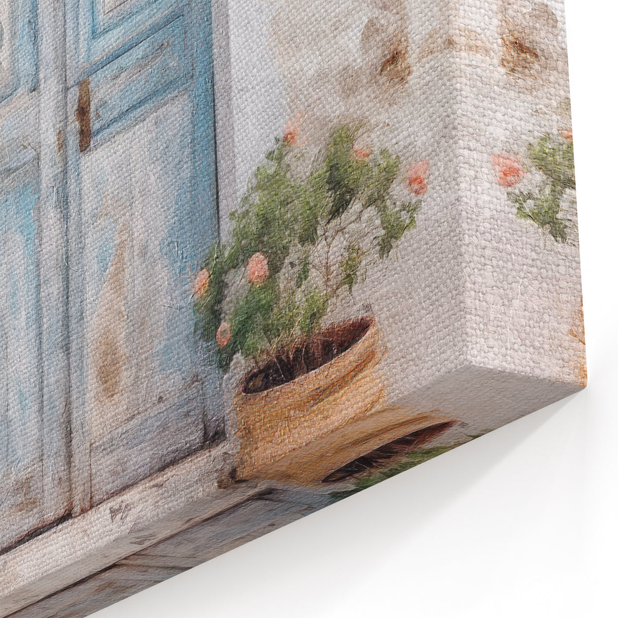 Rustic Blue Double Door Art - Greek Village Scene with Terracotta Pots