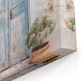 Rustic Blue Double Door Art - Greek Village Scene with Terracotta Pots