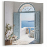 Arched Blue Door Art - Greek Terrace with Sea View and Sunlit Scene