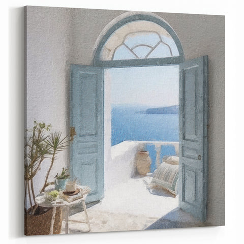 Arched Blue Door Art - Greek Terrace with Sea View and Sunlit Scene