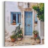 Blue Greek Door Print - Rustic Village Scene with Flowers and Shutters