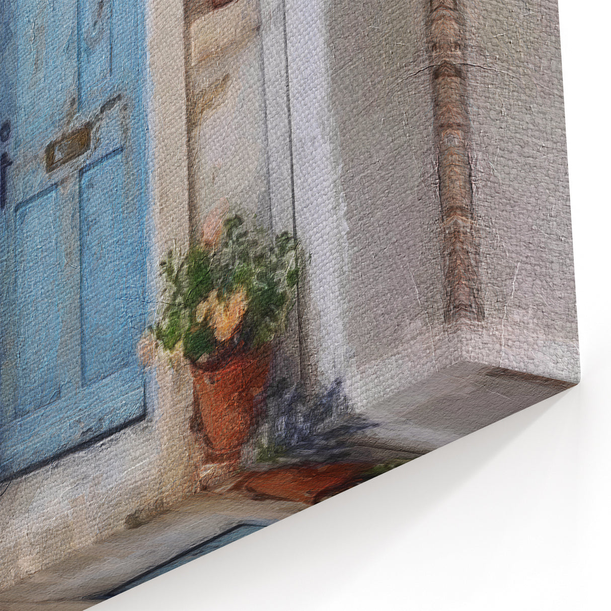Blue Greek Door Print - Rustic Village Scene with Flowers and Shutters