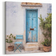 Turquoise Blue Door Art - Greek Village Scene with Chair and Plants