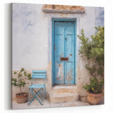 Turquoise Blue Door Art - Greek Village Scene with Chair and Plants