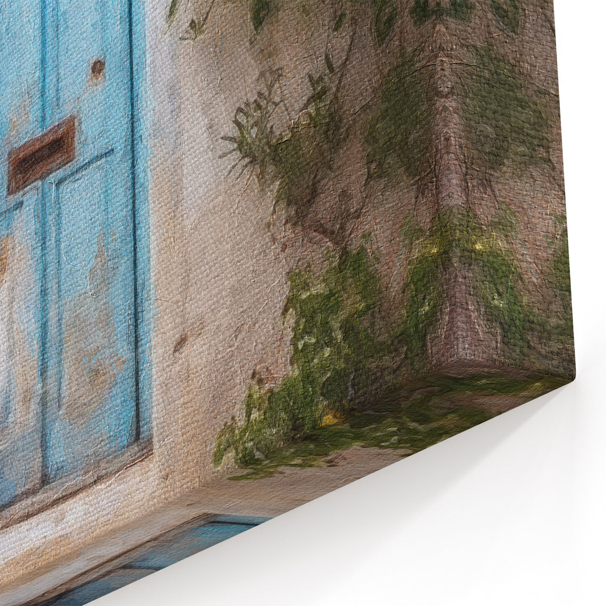 Turquoise Blue Door Art - Greek Village Scene with Chair and Plants