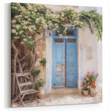 Blue Greek Door Art - Rustic Double Door with Vines and Blooming Flowers