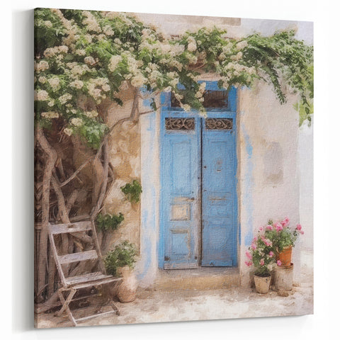 Blue Greek Door Art - Rustic Double Door with Vines and Blooming Flowers