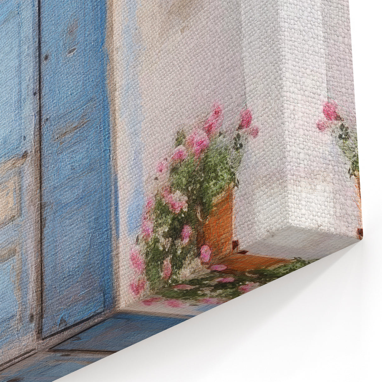Blue Greek Door Art - Rustic Double Door with Vines and Blooming Flowers